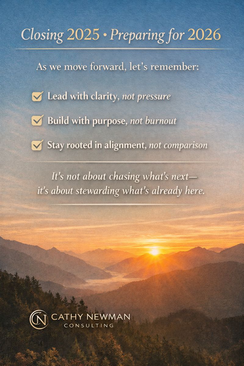 A motivational graphic titled 'Closing 2025 • Preparing for 2026' featuring key reminders about leading with clarity, building with purpose, and staying aligned, accompanied by a serene landscape of mountains and a sunset.