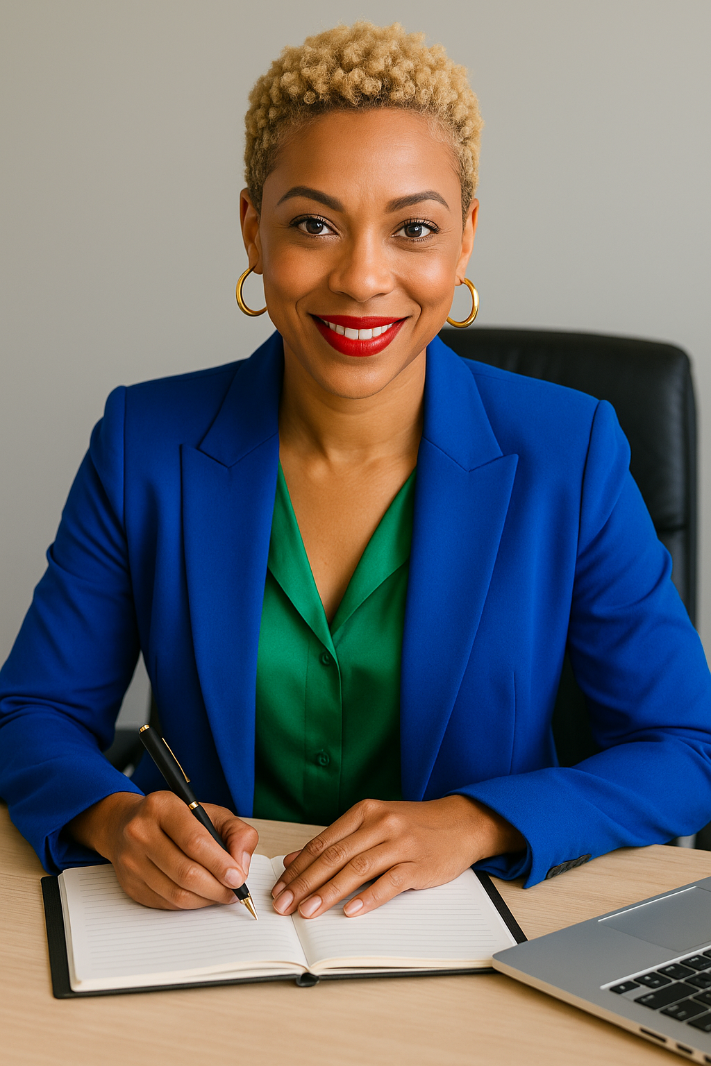 A smiling professional woman in a blue blazer and green shirt, sitting at a desk, writing in a notebook with a pen, and a laptop visible in the background.