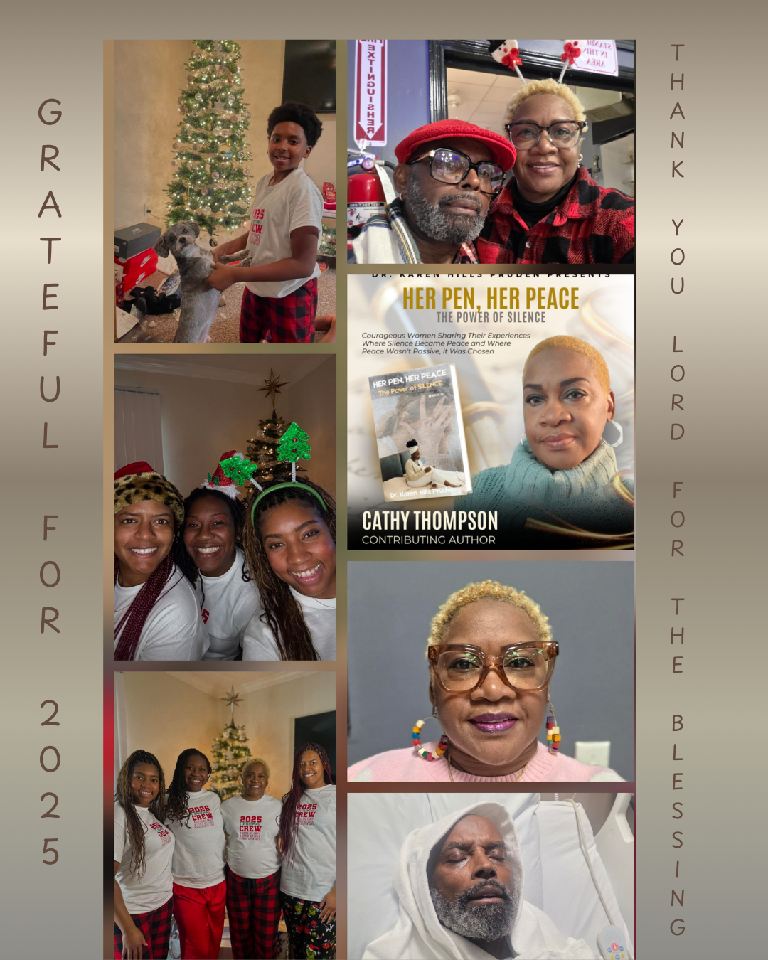 A collage celebrating gratitude in 2025, featuring family members, a Christmas tree, and images of the author with loved ones.
