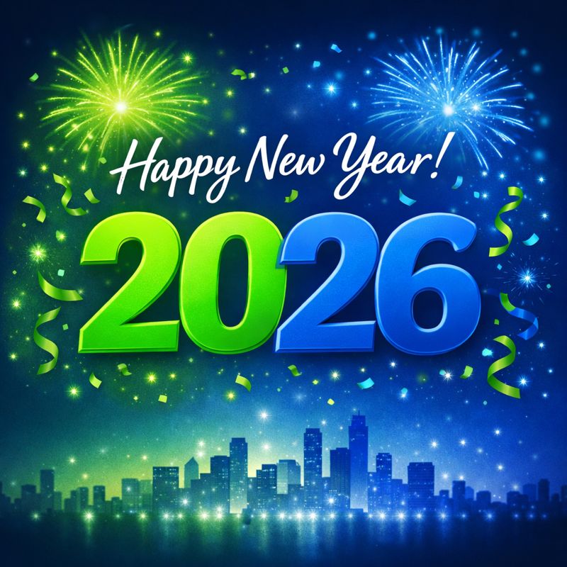 Colorful graphic celebrating the New Year 2026, featuring fireworks, confetti, and a city skyline in the background.