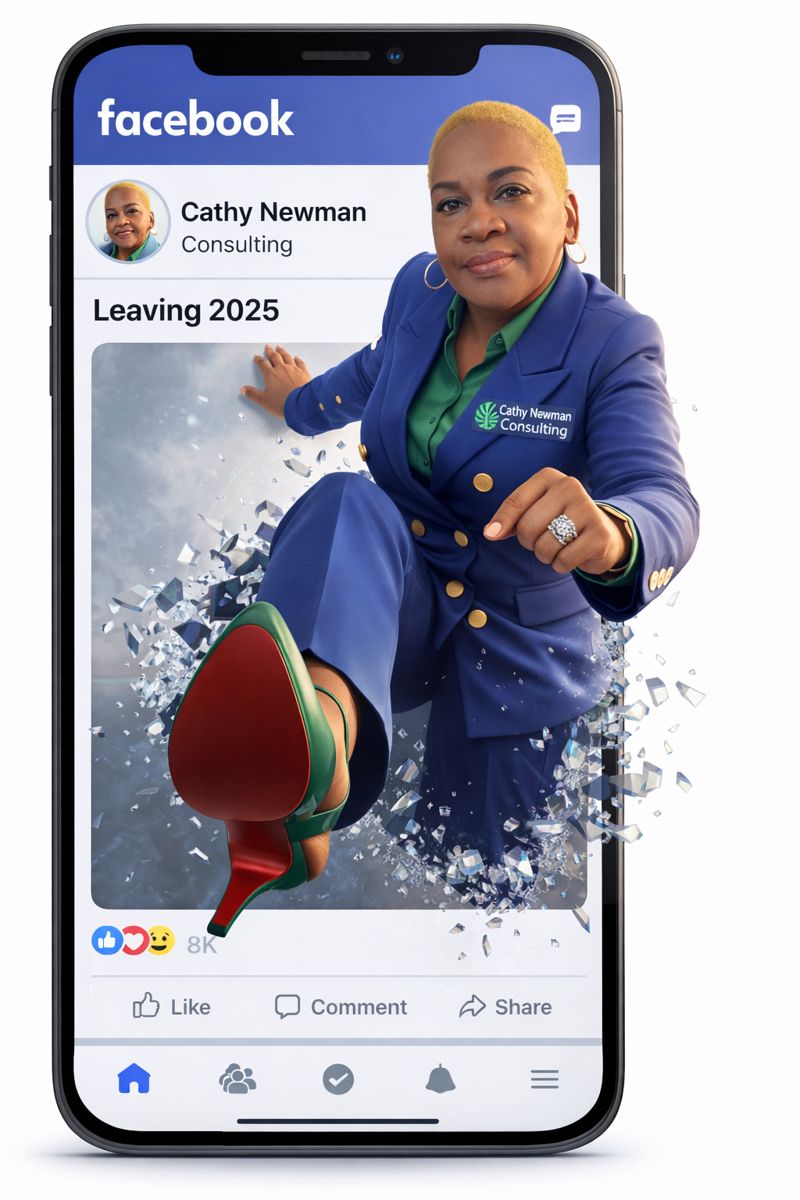 An animated character representing Cathy Newman is breaking through a digital screen, symbolizing innovation and progress for Cathy Newman Consulting. The character is wearing a blue suit and green blouse, with red-heeled shoes, embodying empowerment and confidence.